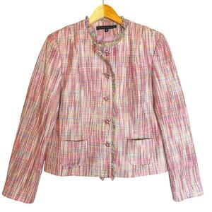 Vtg Perry Ellis Tweed Jacket Women’s 8 Pink Preppy Clueless Embellished Buttons